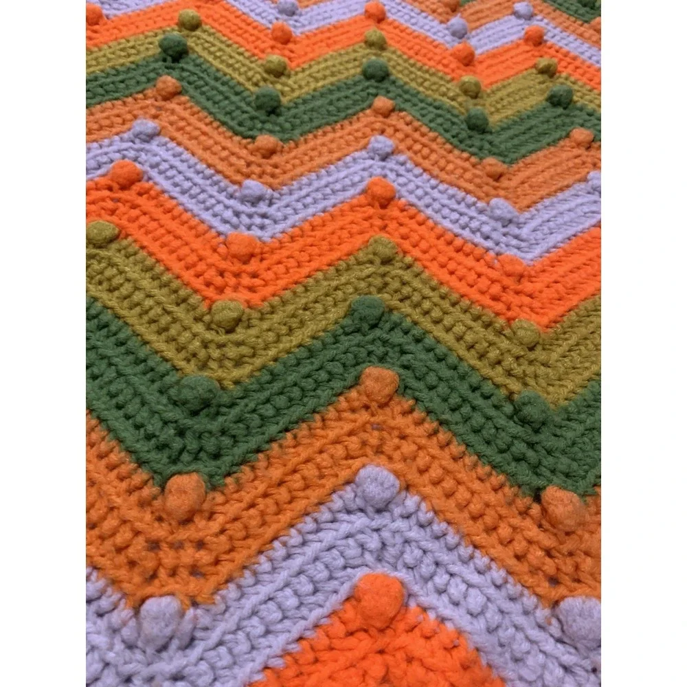 Vintage 70's ZigZag Chevron Crocheted Afghan Throw Green Orange 54x56